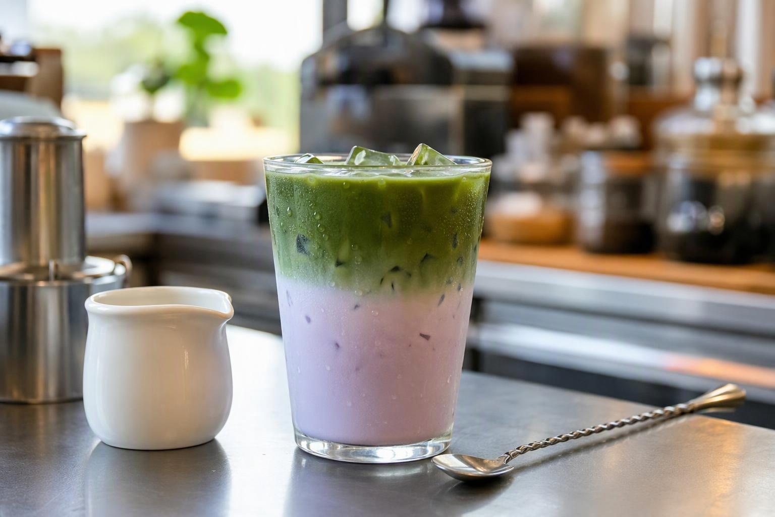A finished 16 oz matcha taro milk tea in a clear cup, showing a pale purple taro layer beneath a vivid green matcha layer.