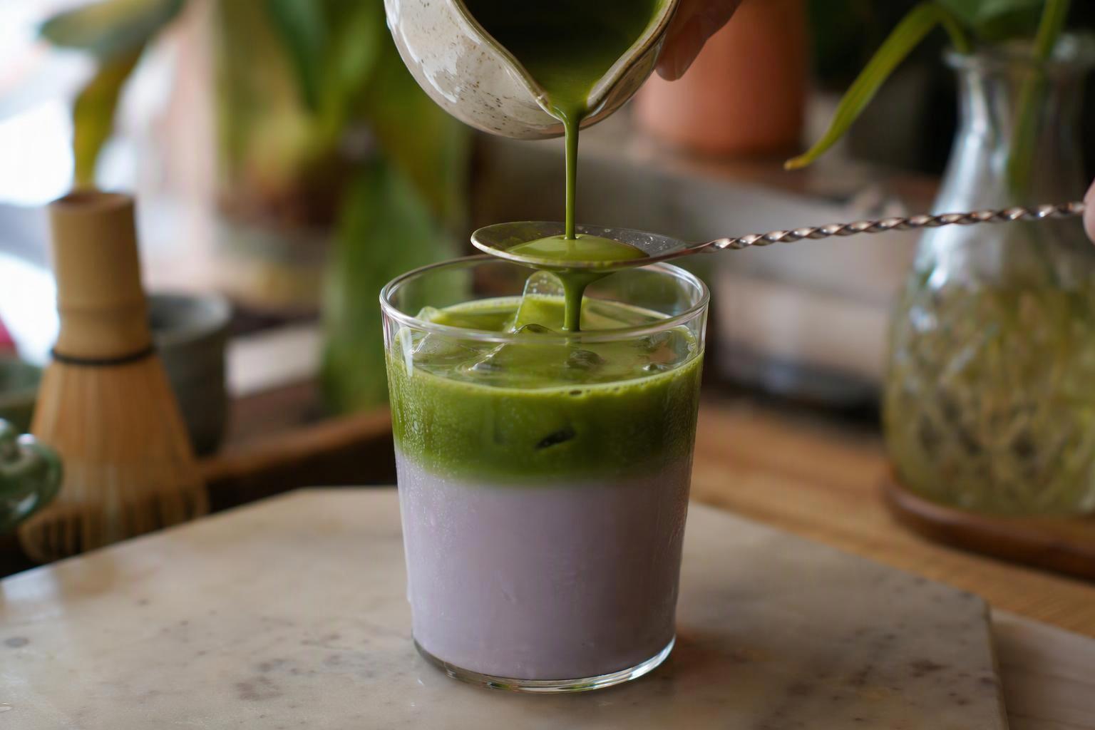 a hand pouring bright green matcha from a small pitcher over the back of a bar spoon into a clear cup already holding a