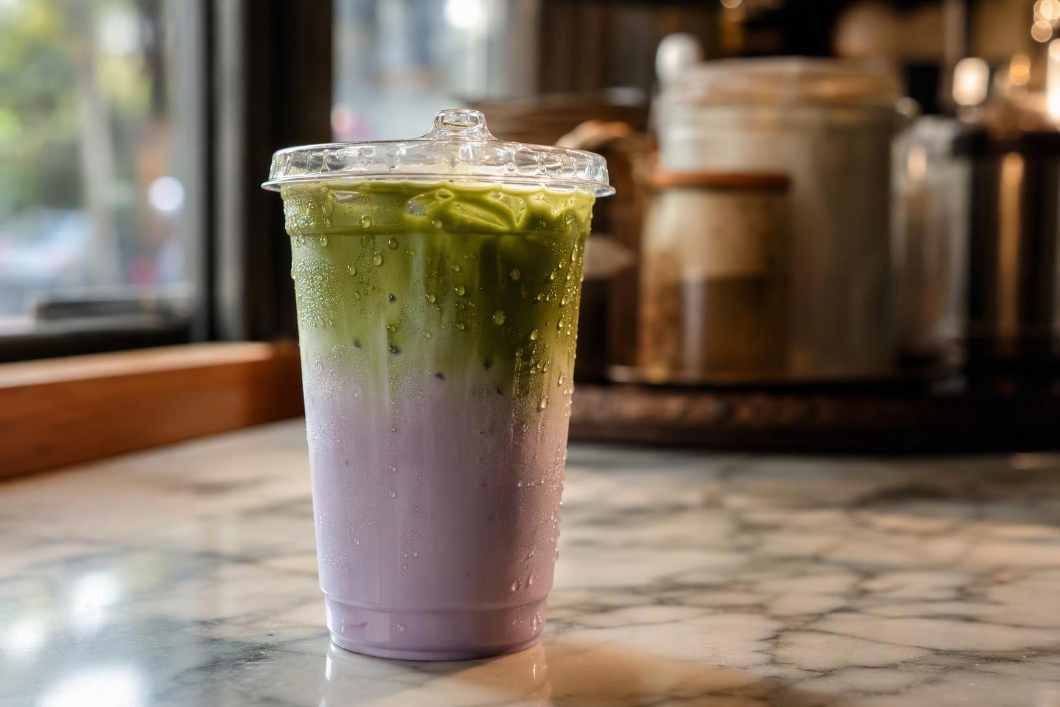 a finished 16 oz matcha taro milk tea in a clear cup with a distinct pale purple taro layer under a vivid green matcha