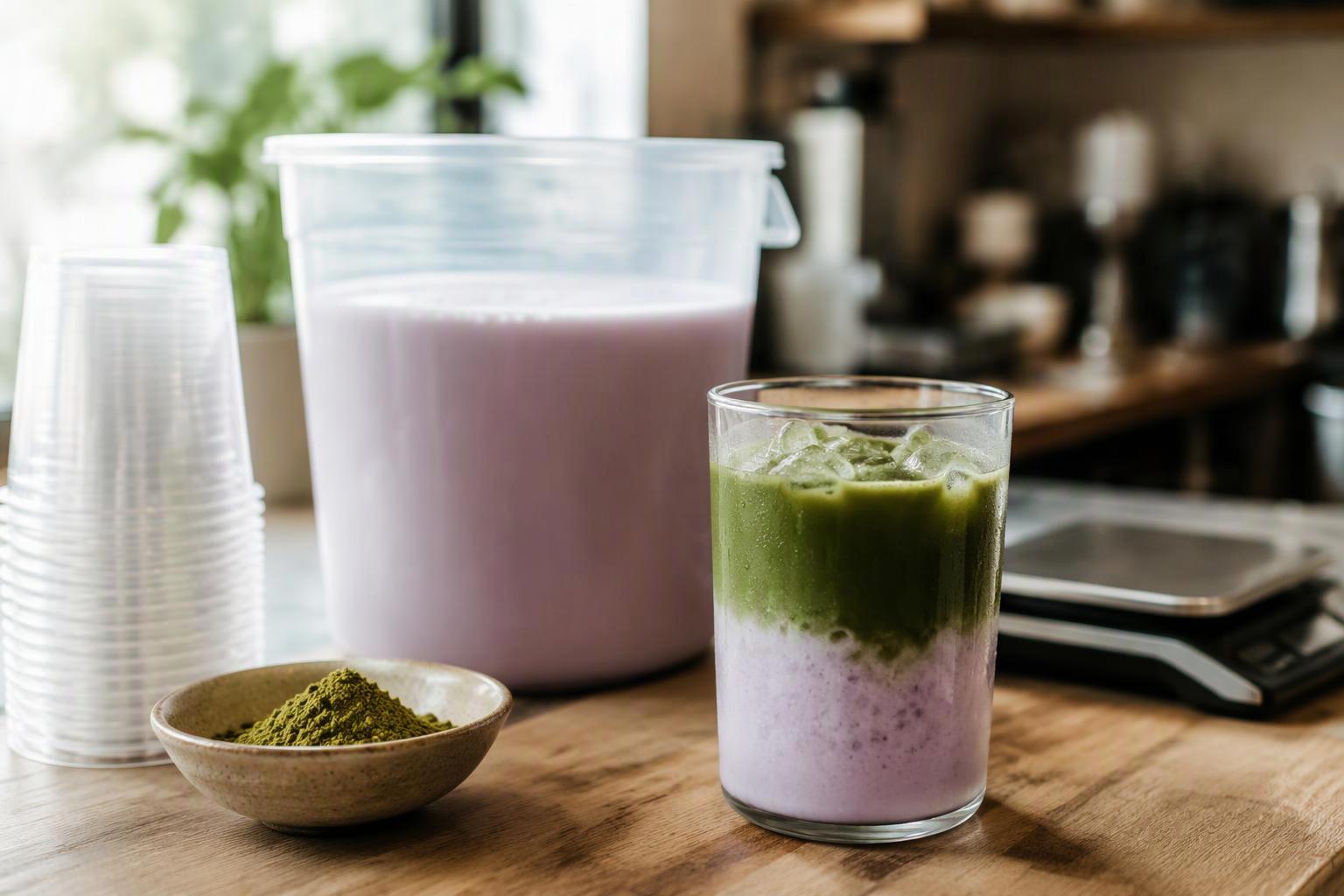 a labelled quart container of chilled pre-mixed taro base on a prep counter beside a digital scale, a small bowl of sifted