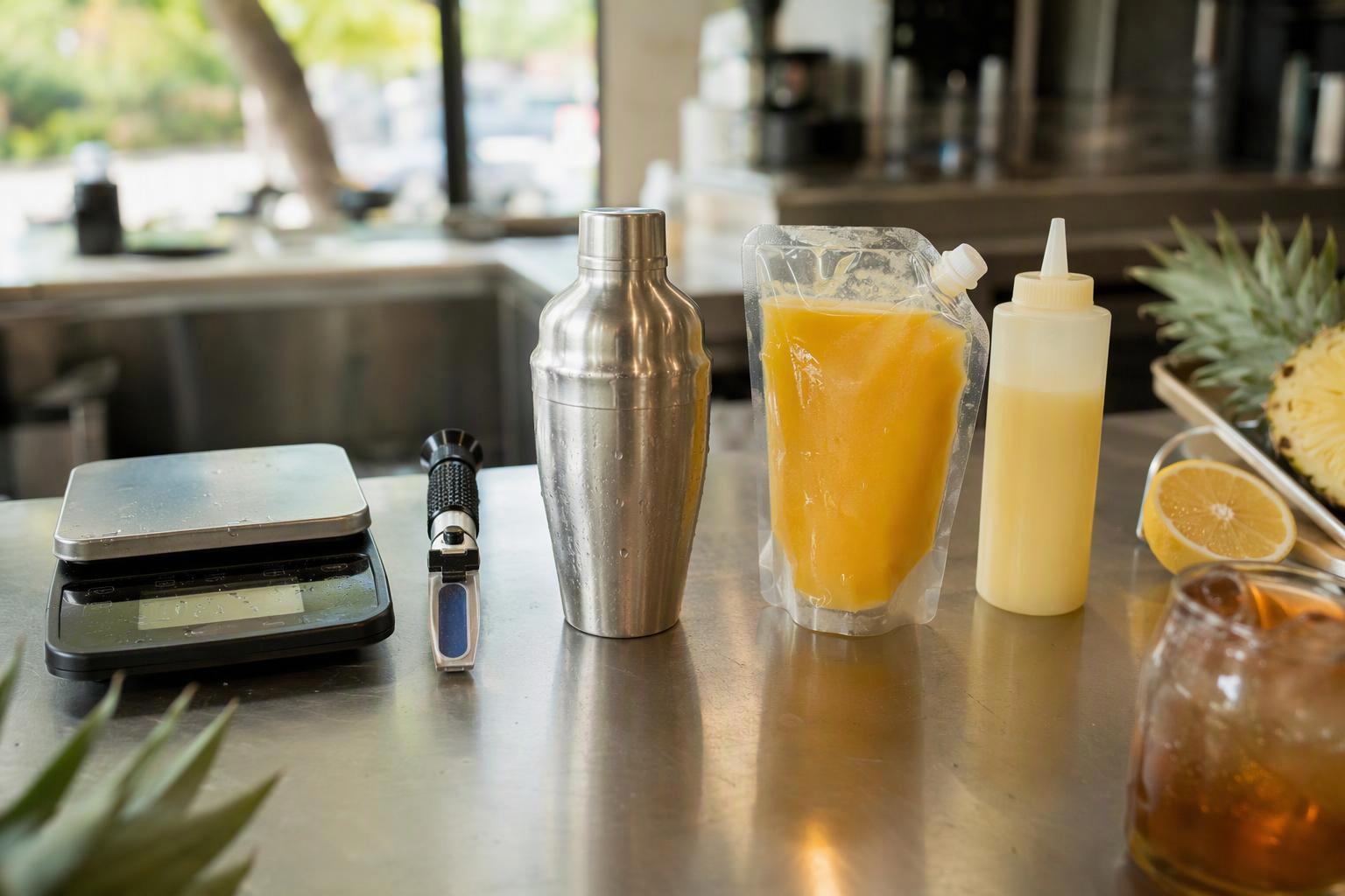 a shop prep counter laid out with a digital scale, a brix refractometer, a 16 oz shaker, a sealed aseptic pineapple puree