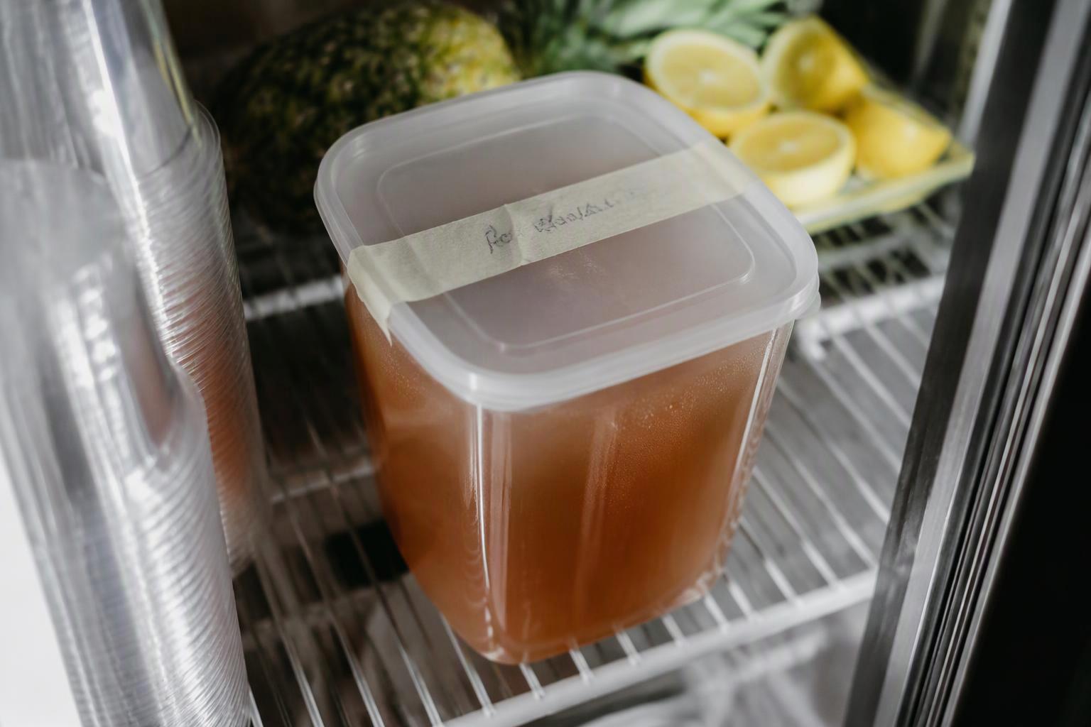 a labeled batch container of tea base in a reach-in cooler with a handwritten prep time and discard time on the tape