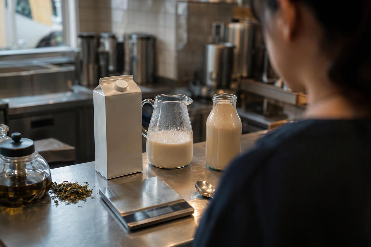 a jasmine tea leaf sample beside a carton of UHT milk and a small pitcher of plant milk on a stainless prep counter