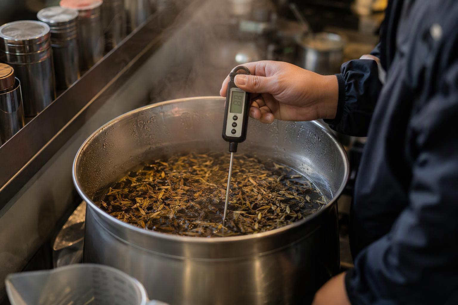 a thermometer reading in the 175–185°F band held in a brewing vessel, with tea leaves suspended in the water