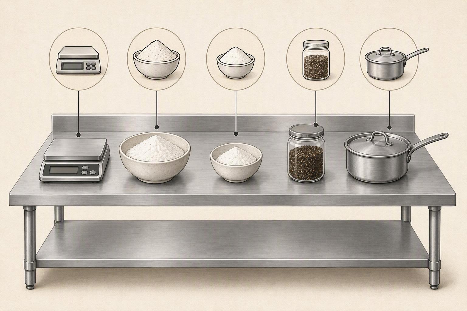 a labelled mise-en-place layout of the batch ingredients on a stainless prep table — a digital scale, a bowl of glutinous