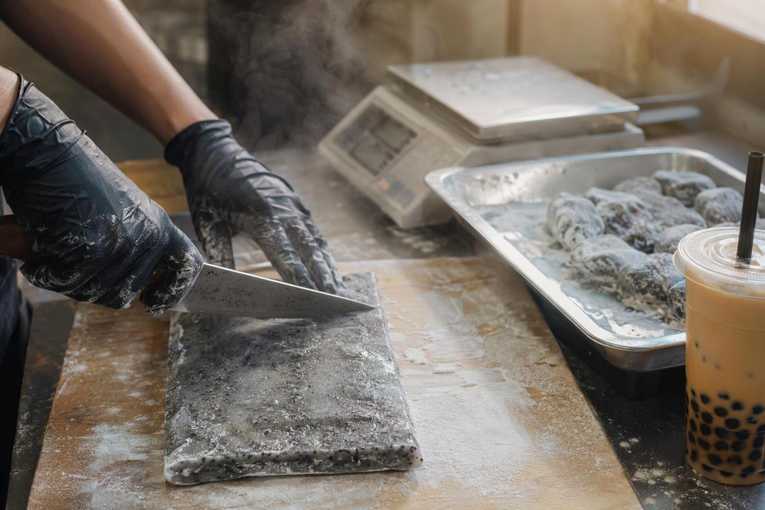 a gloved hand cutting a rested sheet of black sesame mochi into uniform pieces on a starch-dusted cutting board, with a