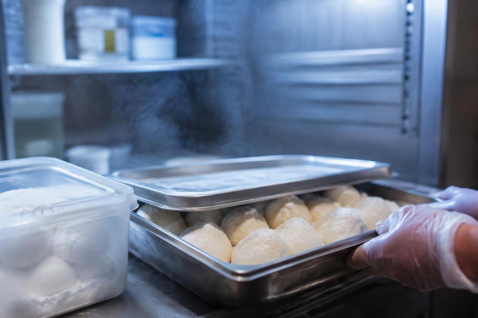 a shallow stainless pan of cooked mochi in a reach-in cooler with a loosely fitted lid, next to a labelled container showing