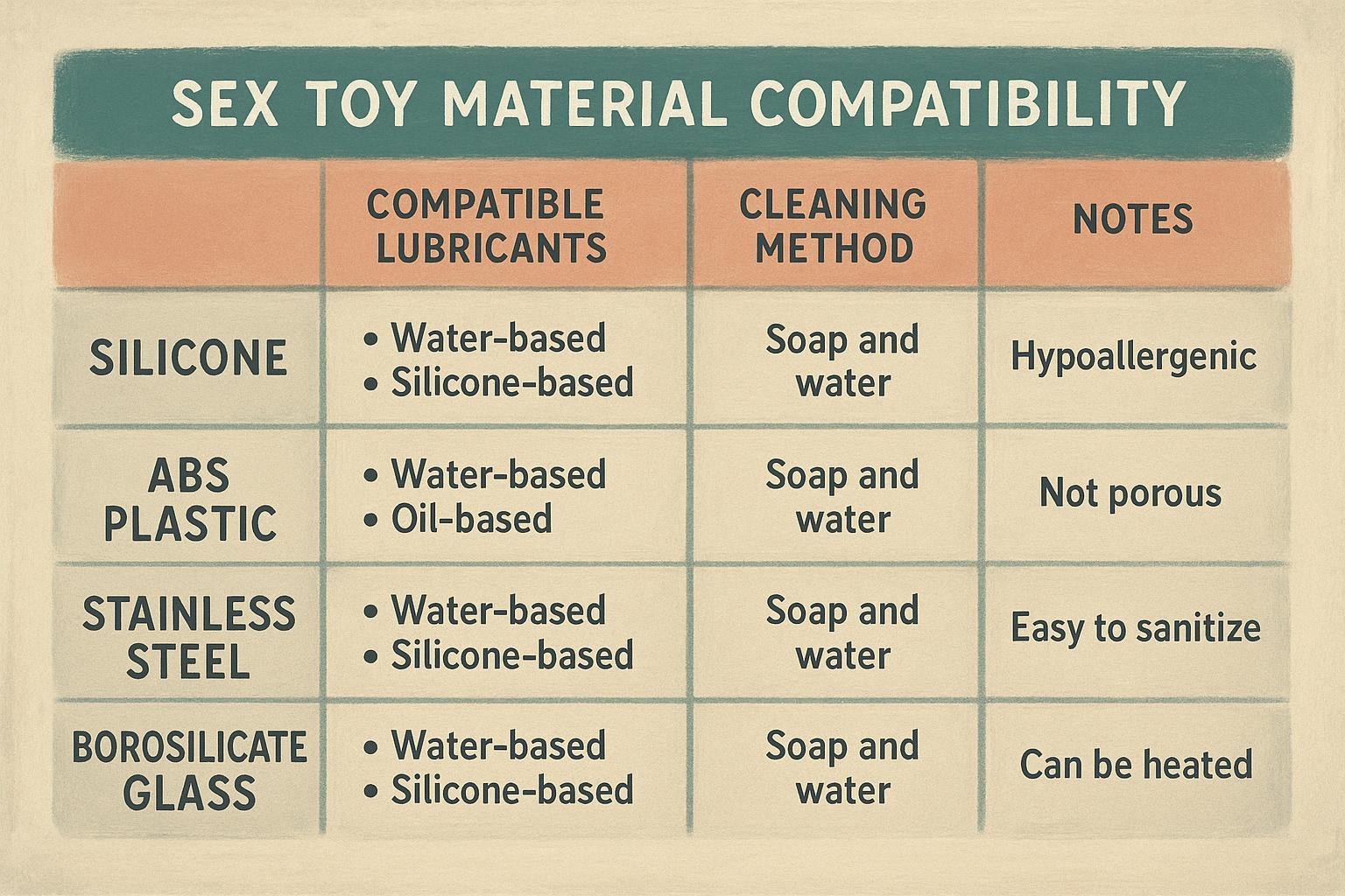Infographic: lube compatibility and cleaning methods by toy material