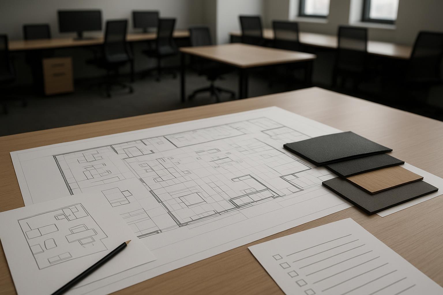 Cover image: floor plan, furniture layout sketch, and materials board for a large office fit-out