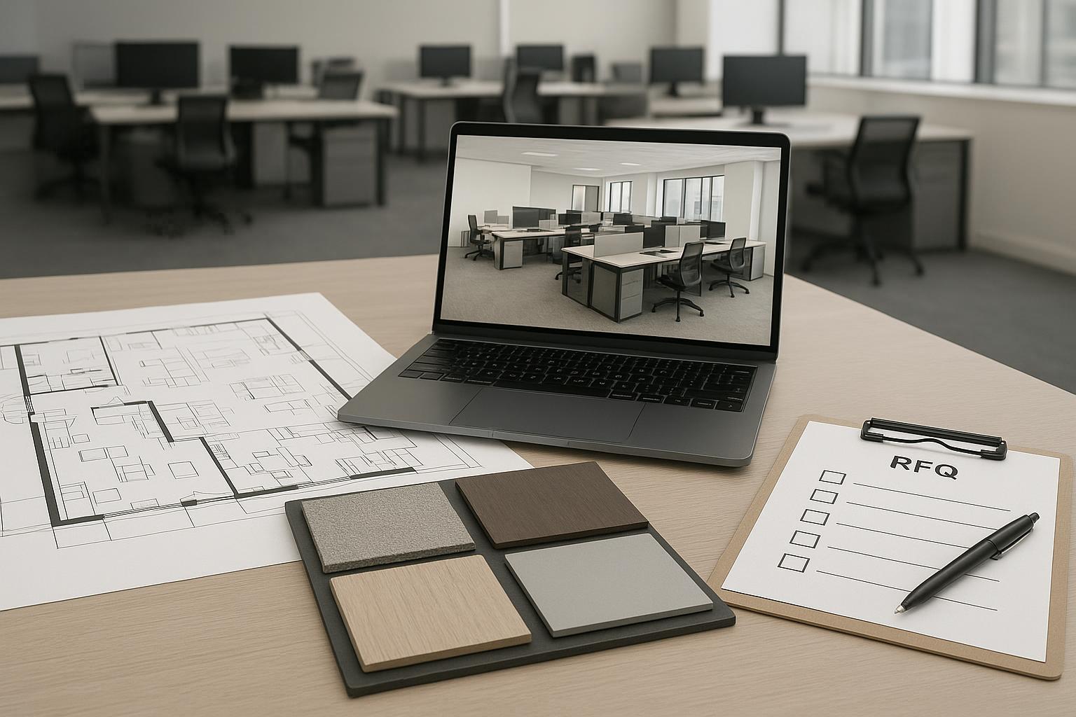 RFQ checklist, floor plan, and 3D office layout used to request an office furniture quote