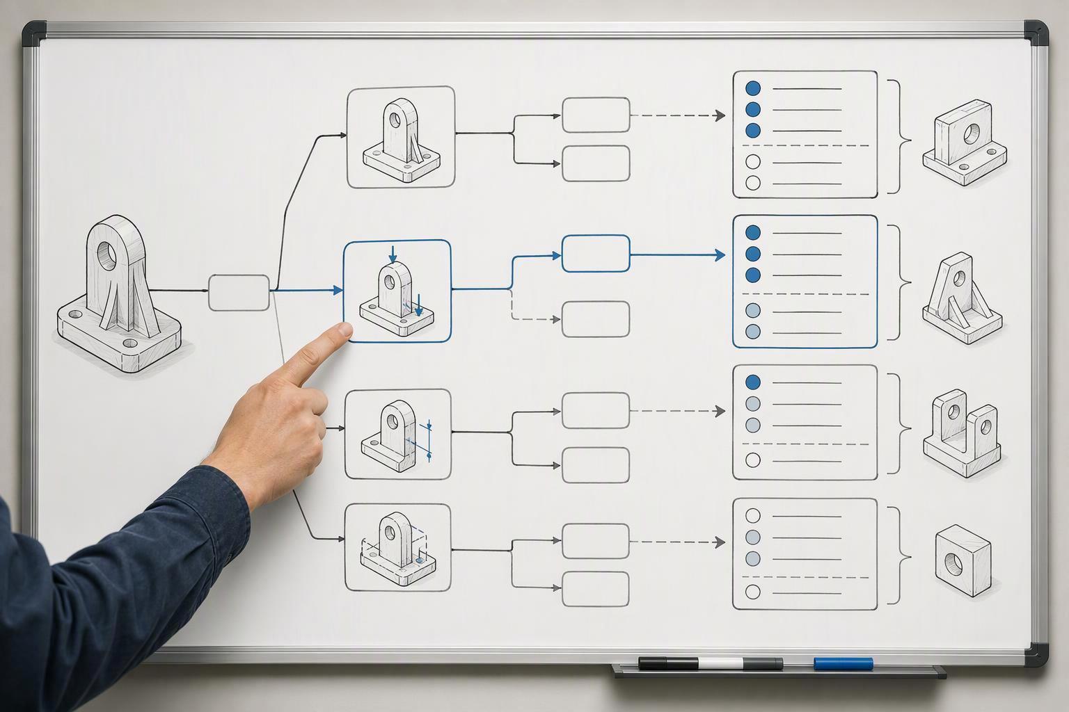 a decision diagram mapping common prototype validation goals — fit and form check, functional load test, sealing or fluid