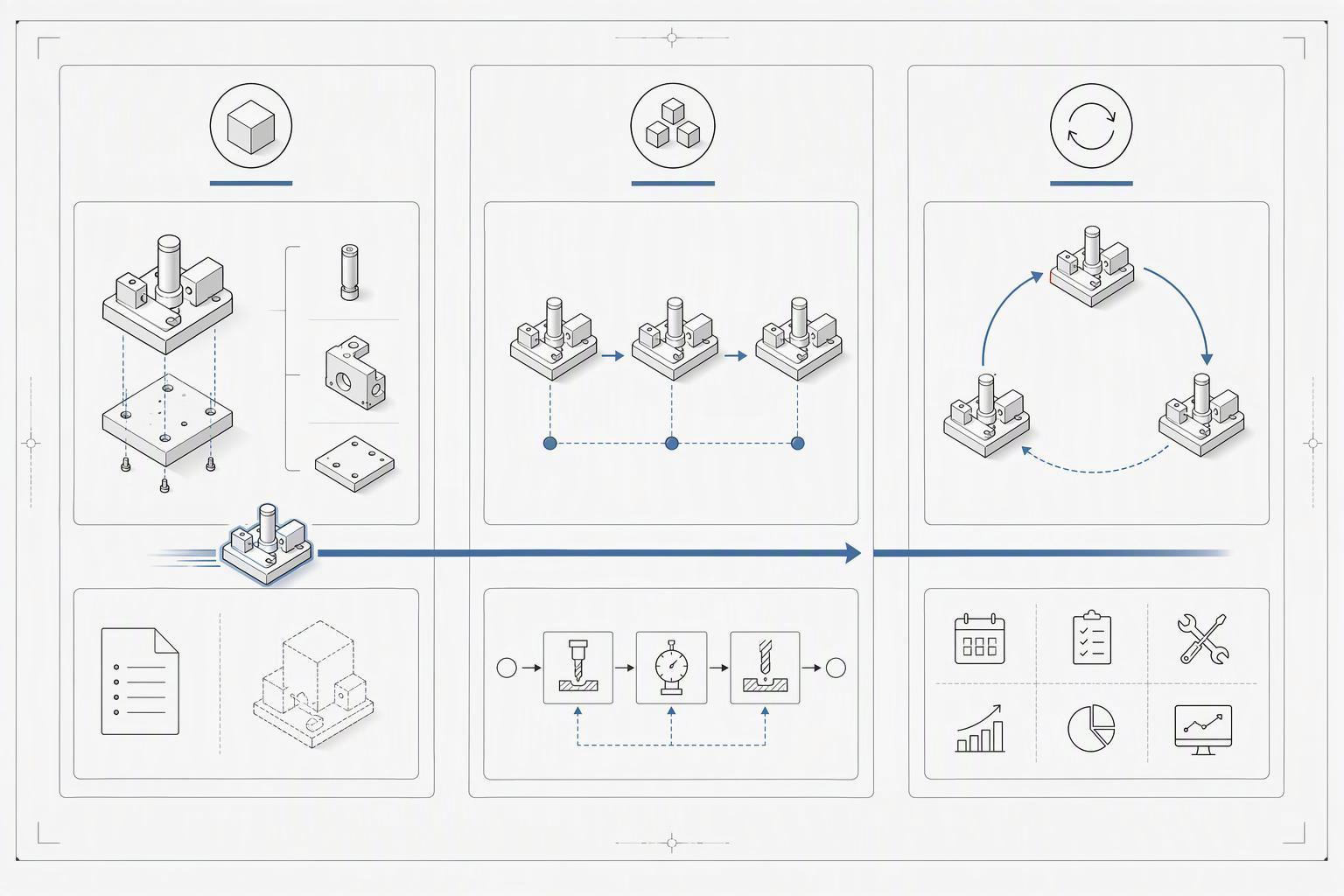 a flow diagram separating CNC prototype costs into one-time engineering and NRE, batch-level setup and documentation, and