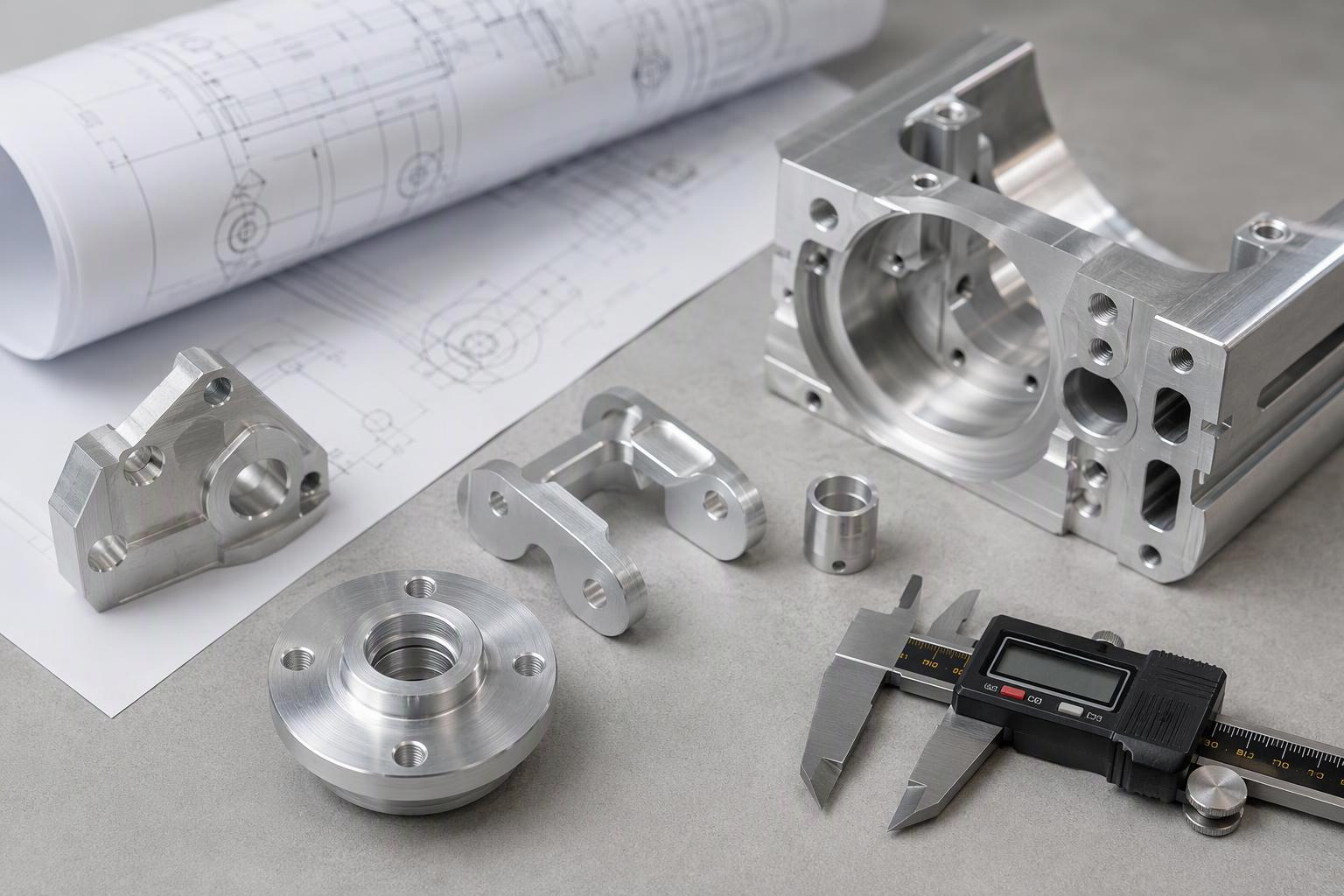 CNC machined prototype parts beside a technical drawing and caliper for inspection