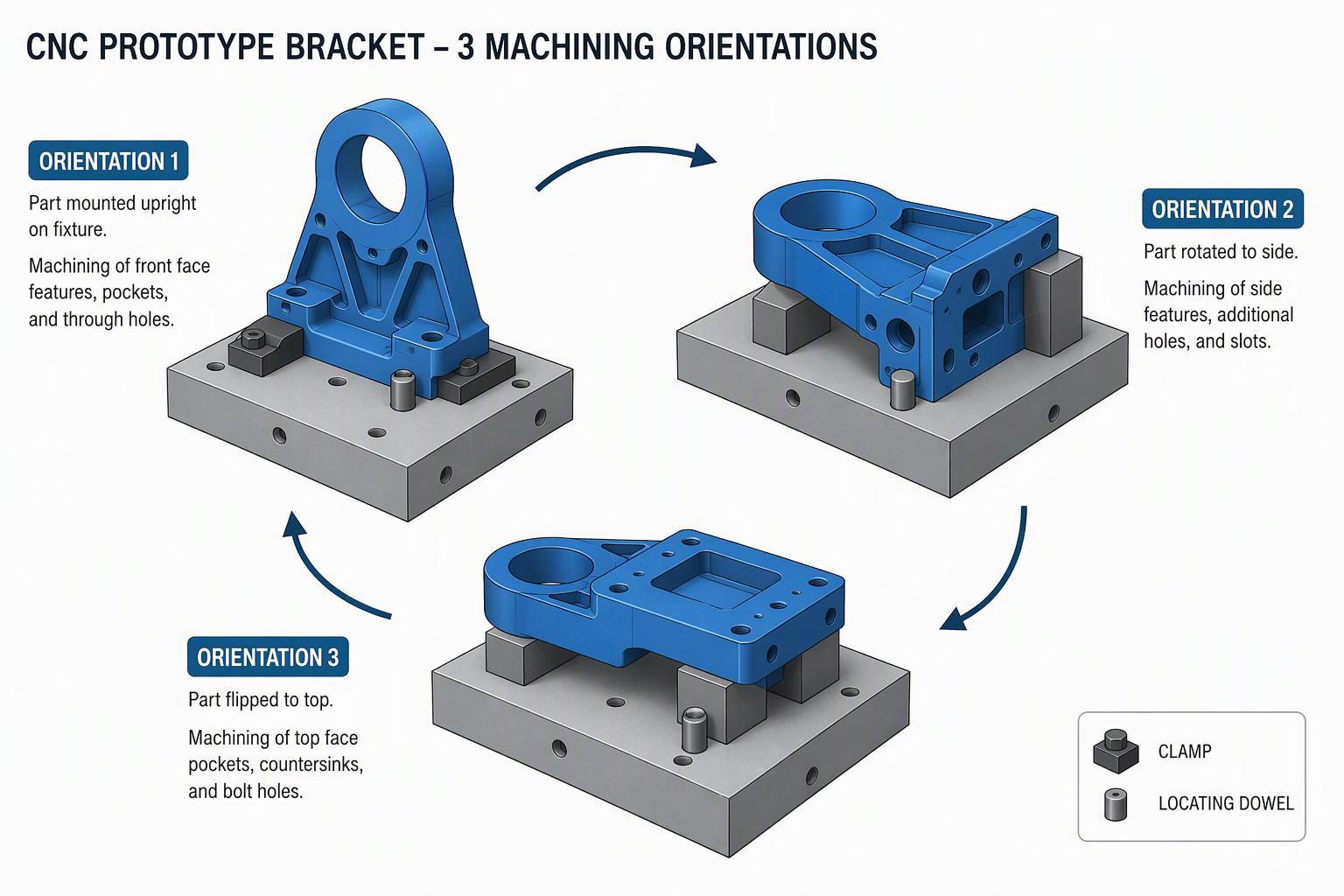 The same CNC prototype part shown in three machining orientations with fixturing between setups