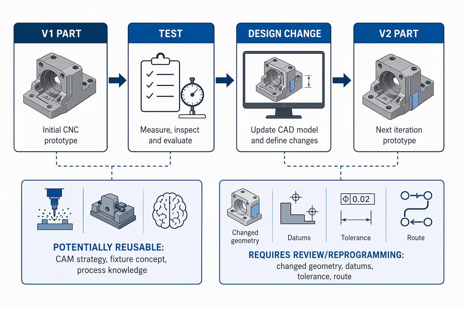 V1 to test to design change to V2 flow with reusable work and reprogramming needs