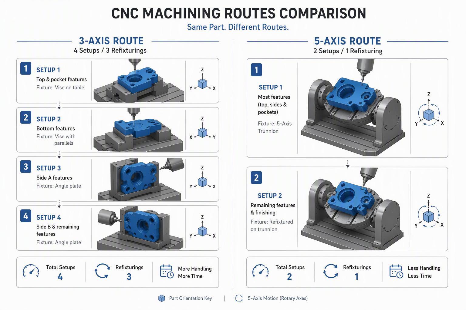 A 3-axis multi-setup route compared with a 5-axis fewer-refixturing route on the same CNC prototype part