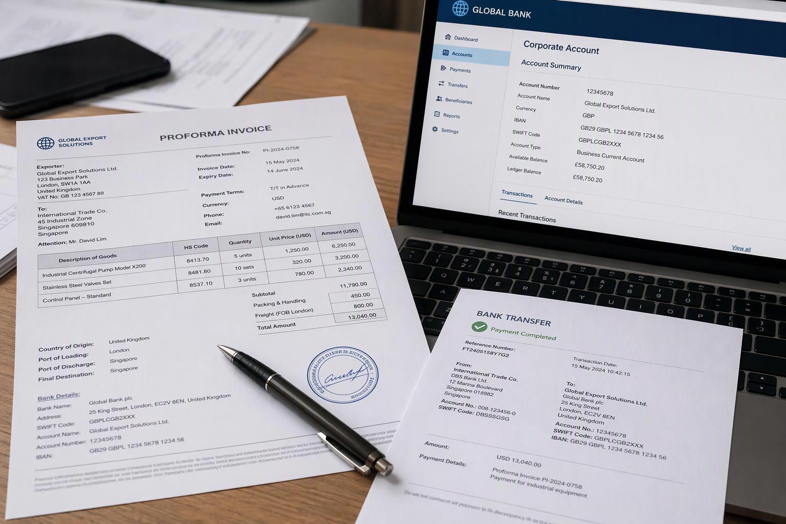Proforma invoice, bank details and payment records reconciled before a first transfer