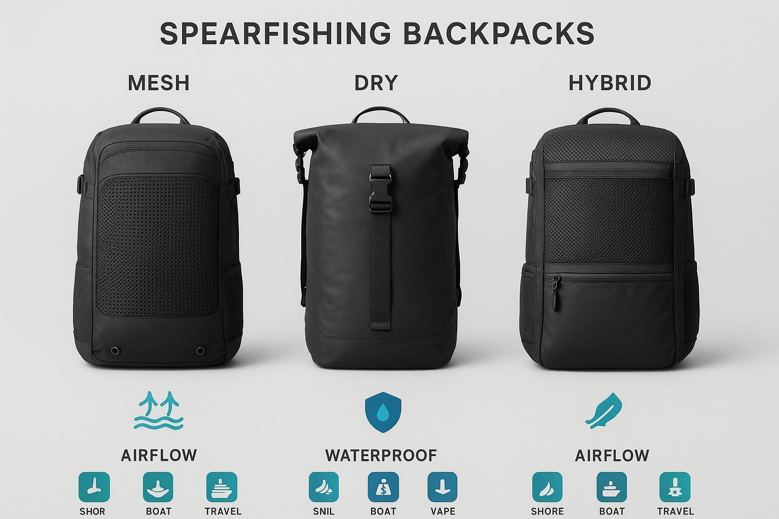 Side-by-side comparison of mesh, dry, and hybrid spearfishing backpacks: airflow, waterproofing, weight, best-use cases.