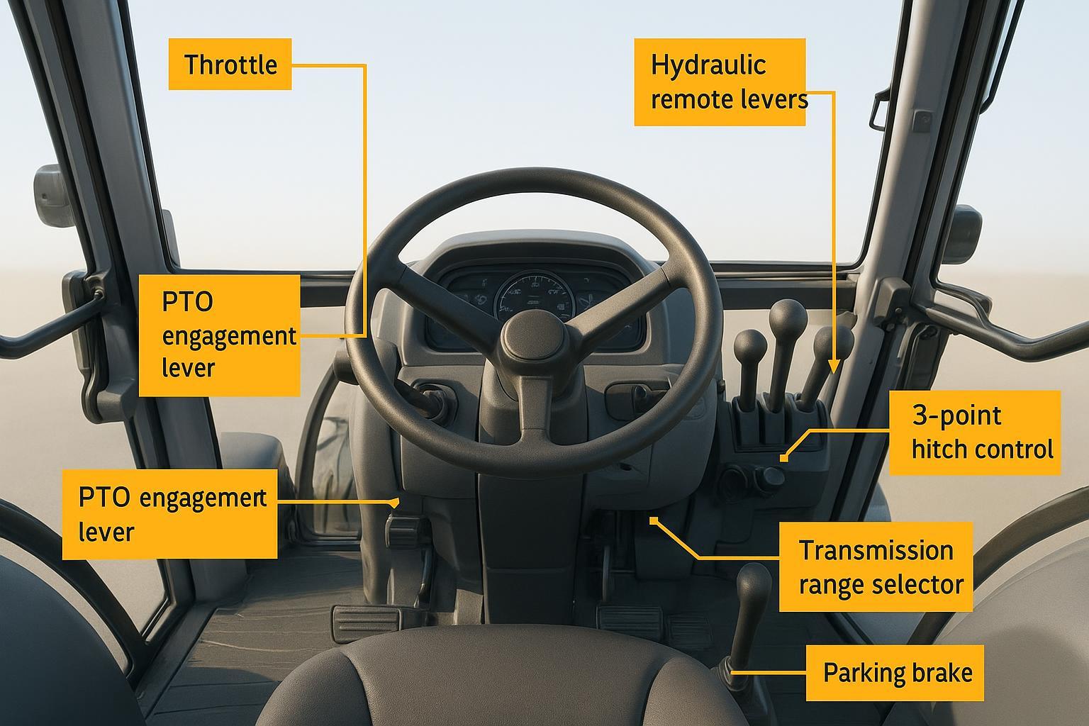 Annotated operator station showing PTO, throttle, hydraulics, and ROPS on a diesel farm tractor
