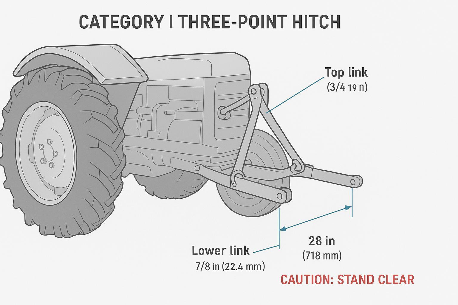 Category I three-point hitch dimensions and PTO guard on a diesel farm tractor