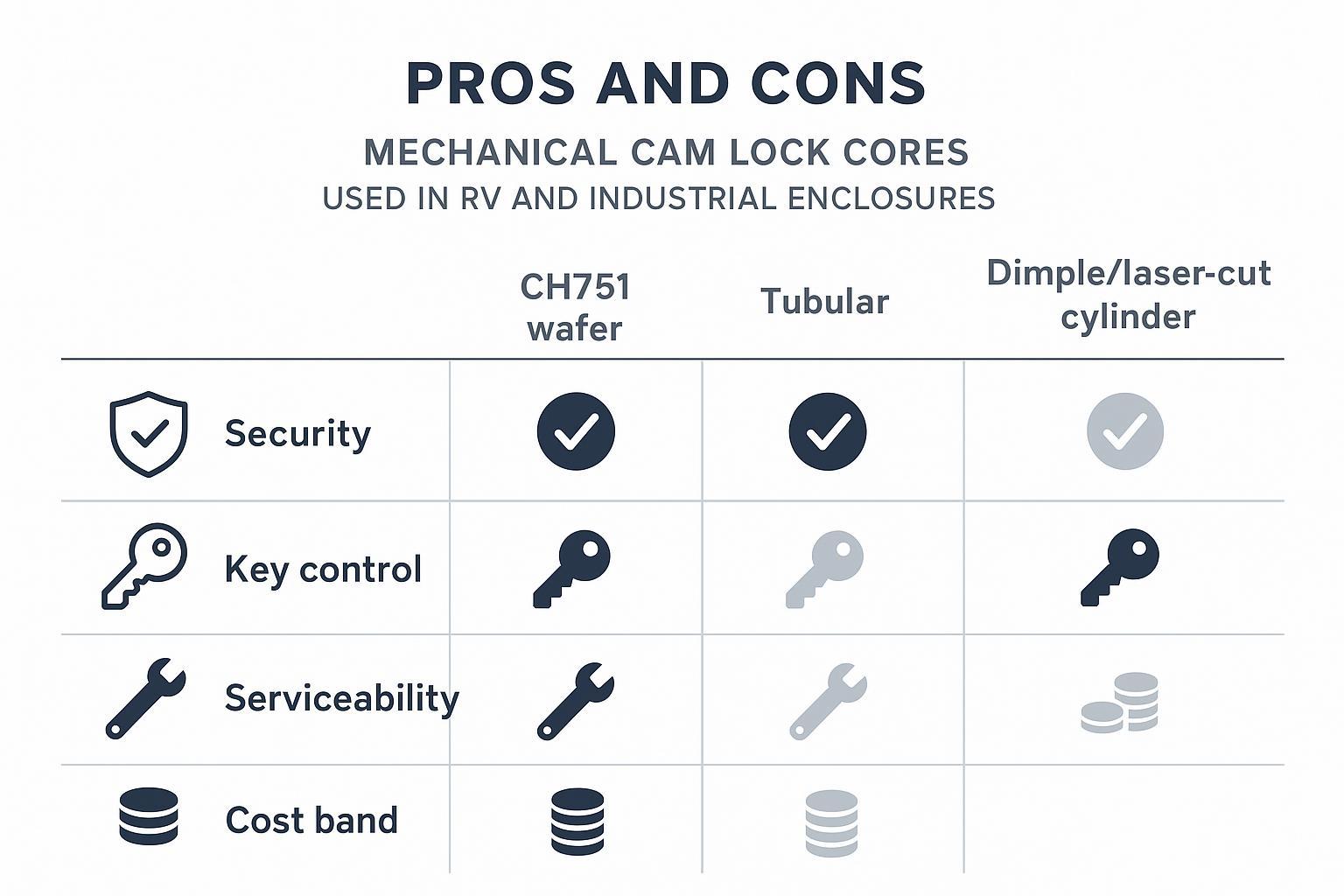 Infographic image: pros/cons chart comparing CH751 wafer, tubular, and dimple/laser-cut cylinders on security, key control, serviceability, and cost