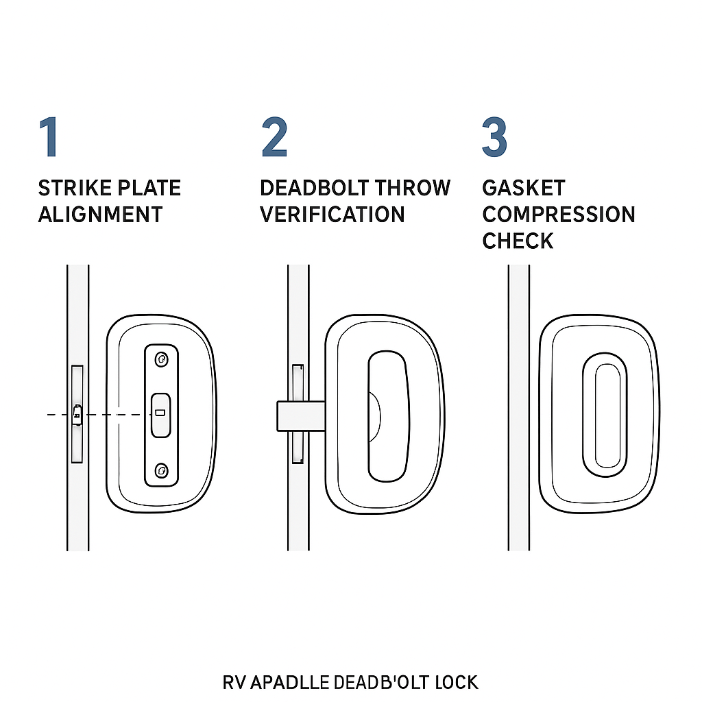 RV paddle deadbolt fitment dimensions infographic (2-3/4 x 3-3/4 cutout, 1-1/4–1-1/2 thickness, 1-7/8 window clearance)