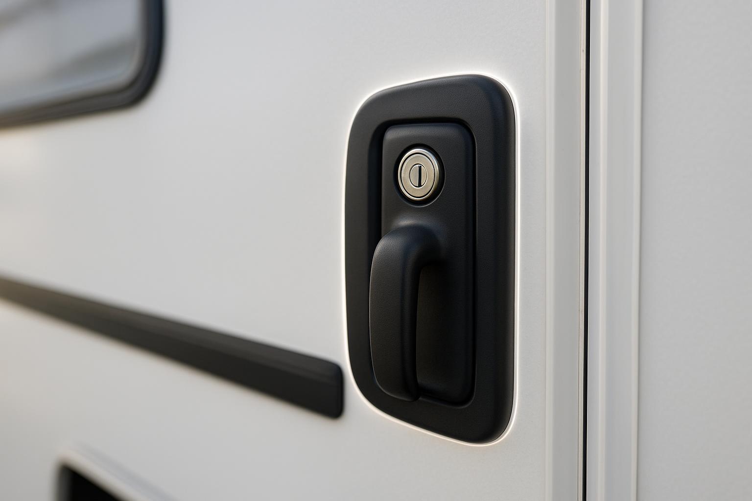 3-step RV paddle deadbolt installation QC schematic (strike alignment, deadbolt throw verification, gasket compression checks)