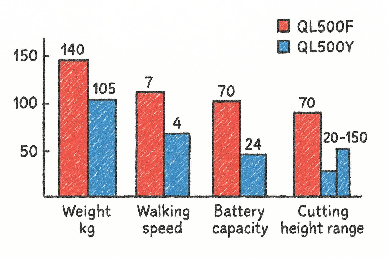 QL500F vs QL500Y: The Slope-Safety Test Most Mower Comparisons Miss 1 Hand-drawn bar chart comparing QL500F vs QL500Y on weight, walking speed, battery capacity, and cutting height range.