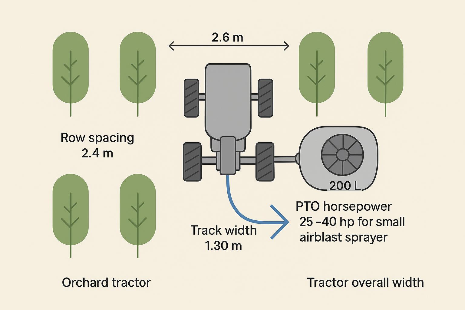 Top-down schematic of orchard tractor implement matching with dimensions and PTO requirements