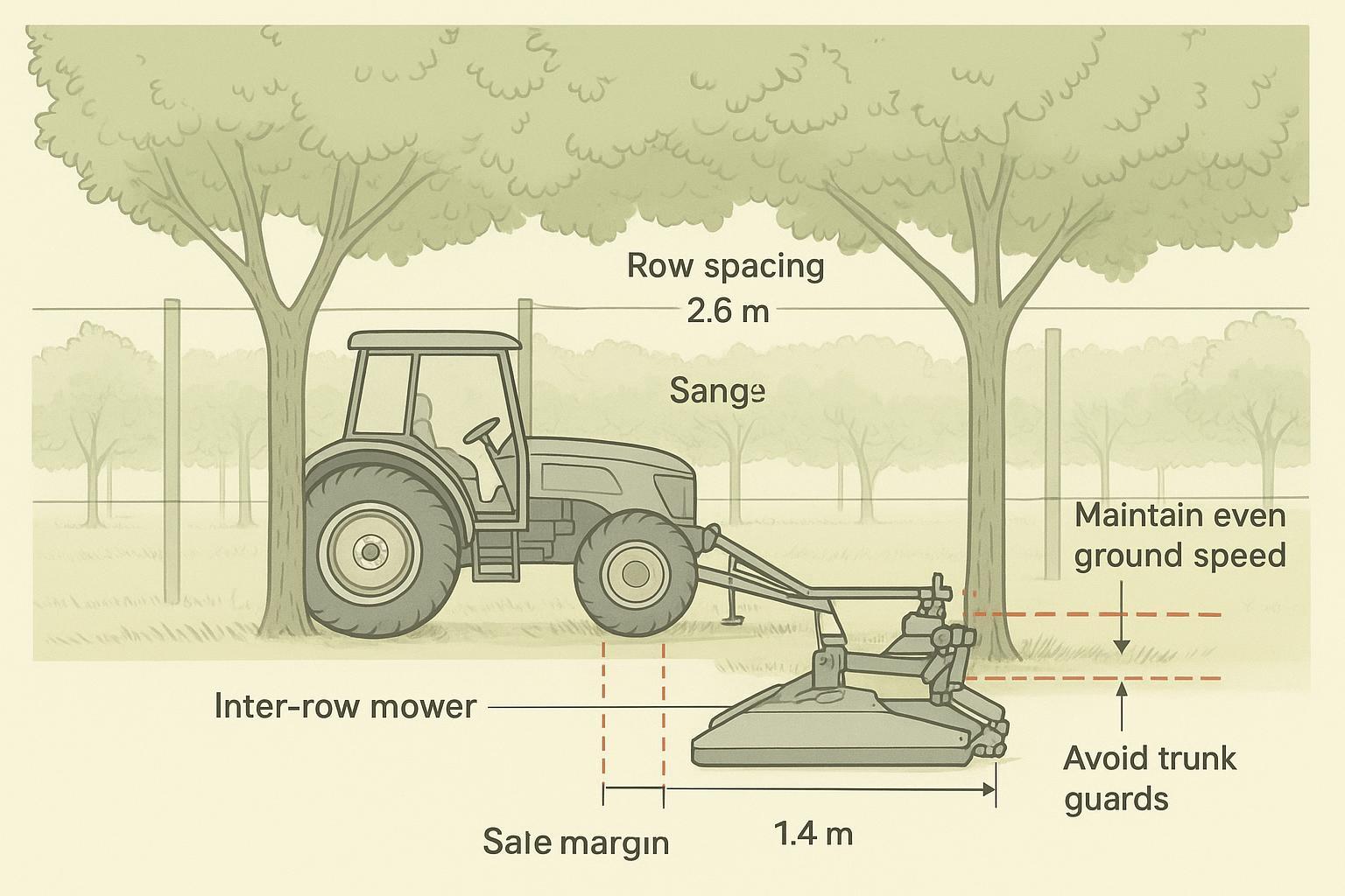 Inter-row mower clearance illustration under orchard canopy with safe margins