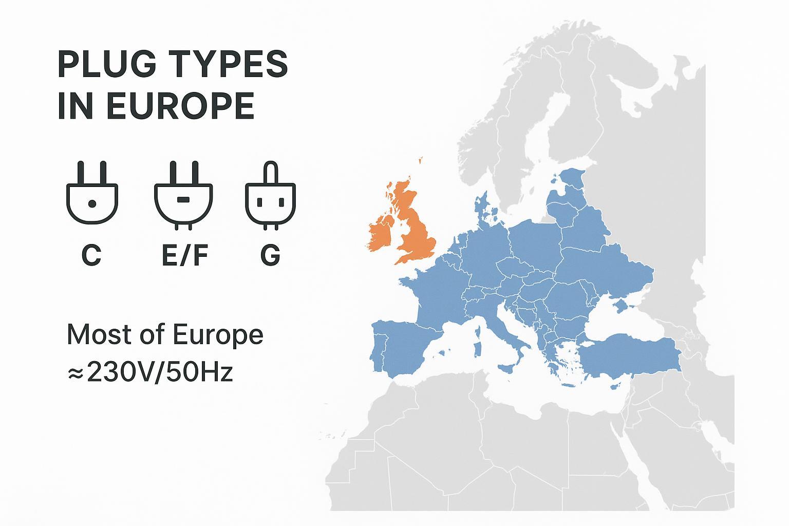 Europe plug type map showing Type C/E/F and Type G regions