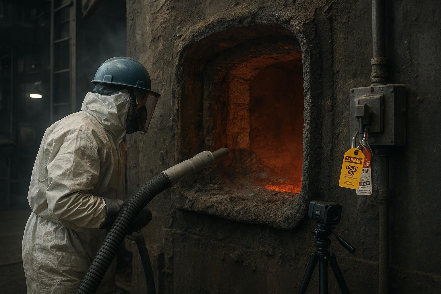 Technician inspecting industrial furnace with LOTO, dry ice blasting lance, vacuum hose, and IR camera in a melt shop