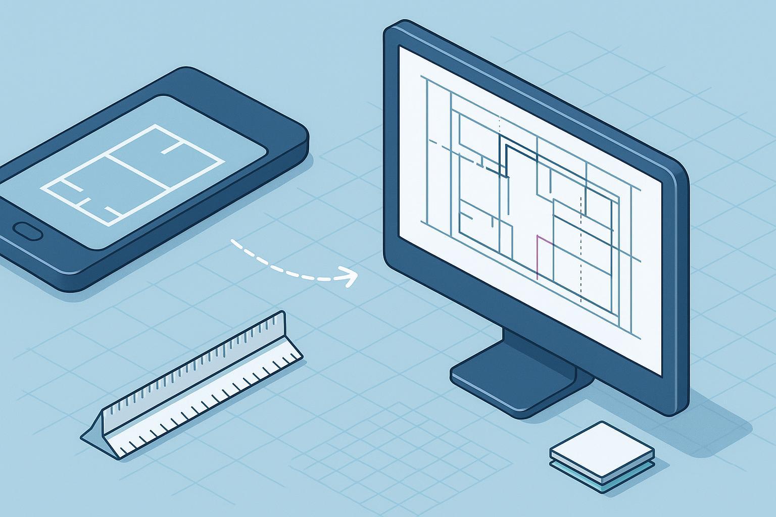 手机拍摄的图纸照片在电脑上被转换成 CAD 线稿，体现图片转 CAD 的过程