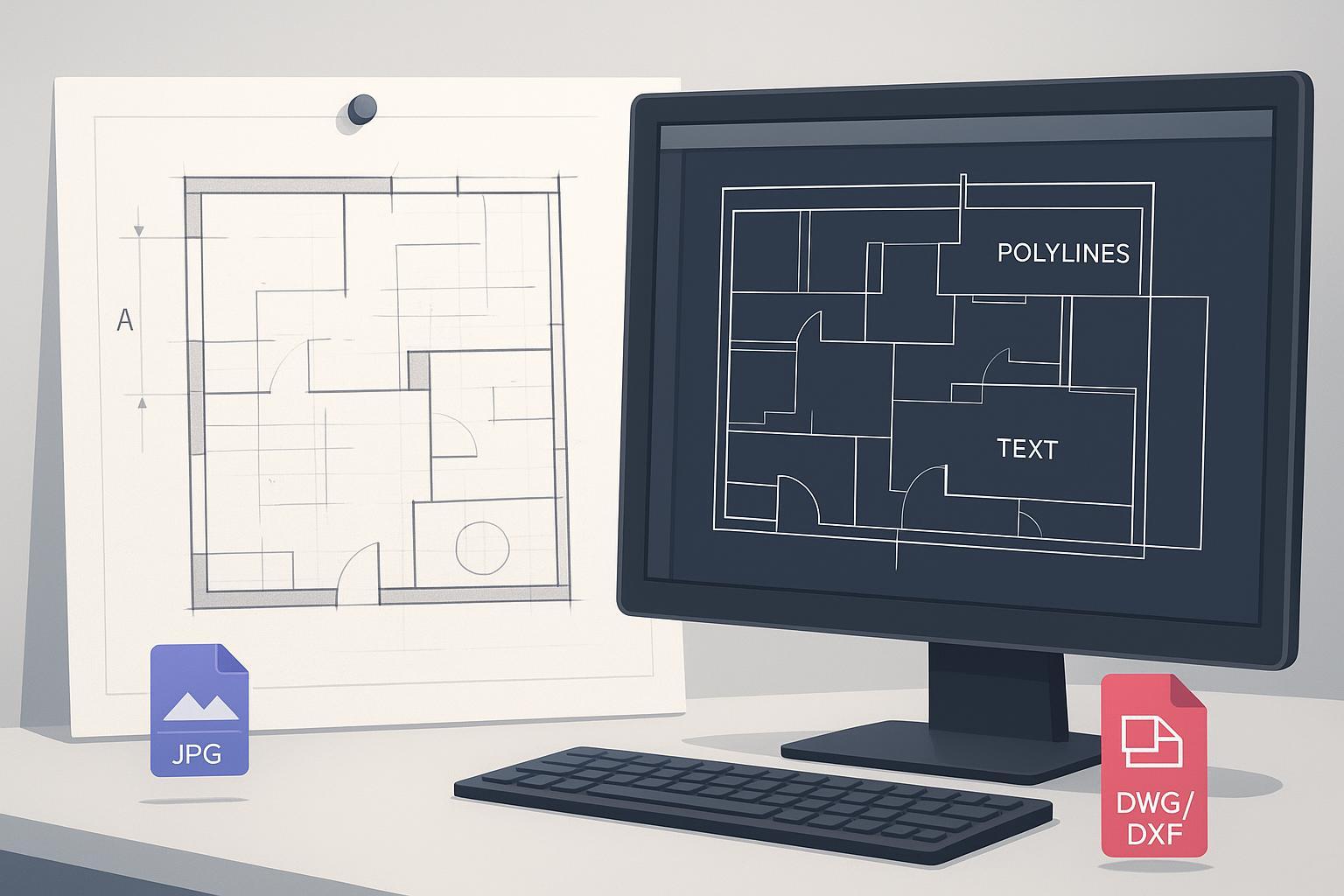 Cover image: scanned paper blueprint transforming into editable CAD with crisp polylines and text