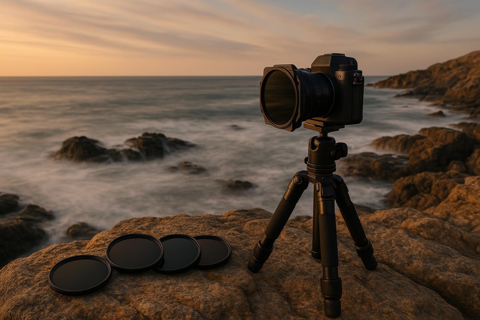Camera op statief aan de kust met ND-filters voor lange sluitertijden.