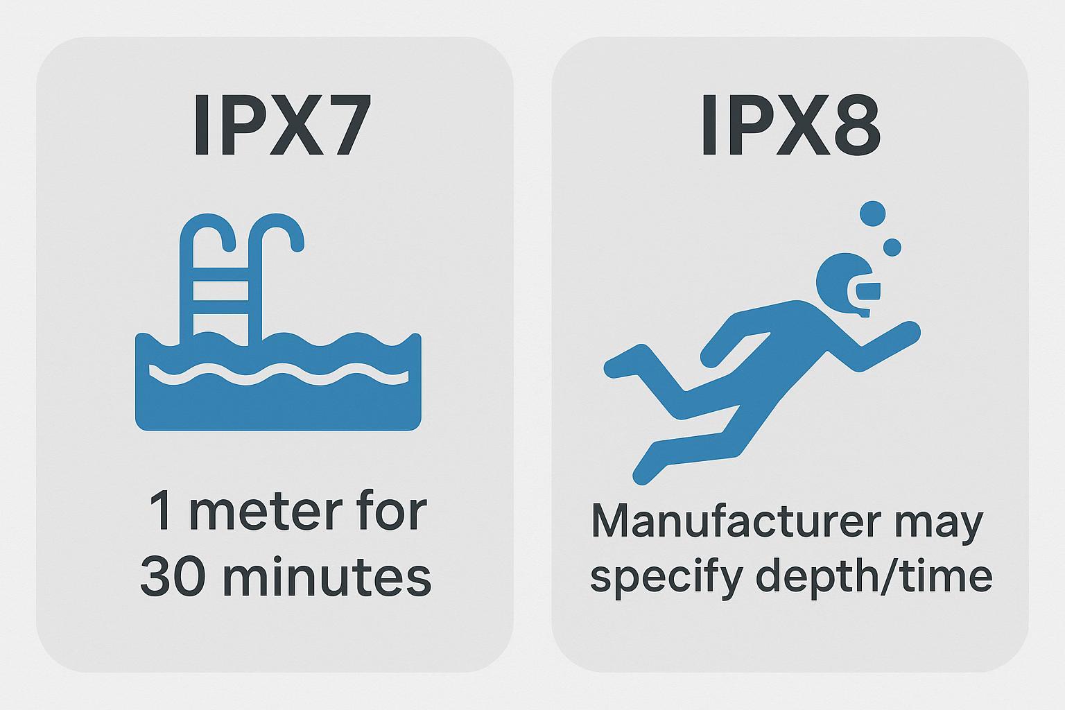 Side-by-side comparison of IPX7 and IPX8 showing depth/time differences.