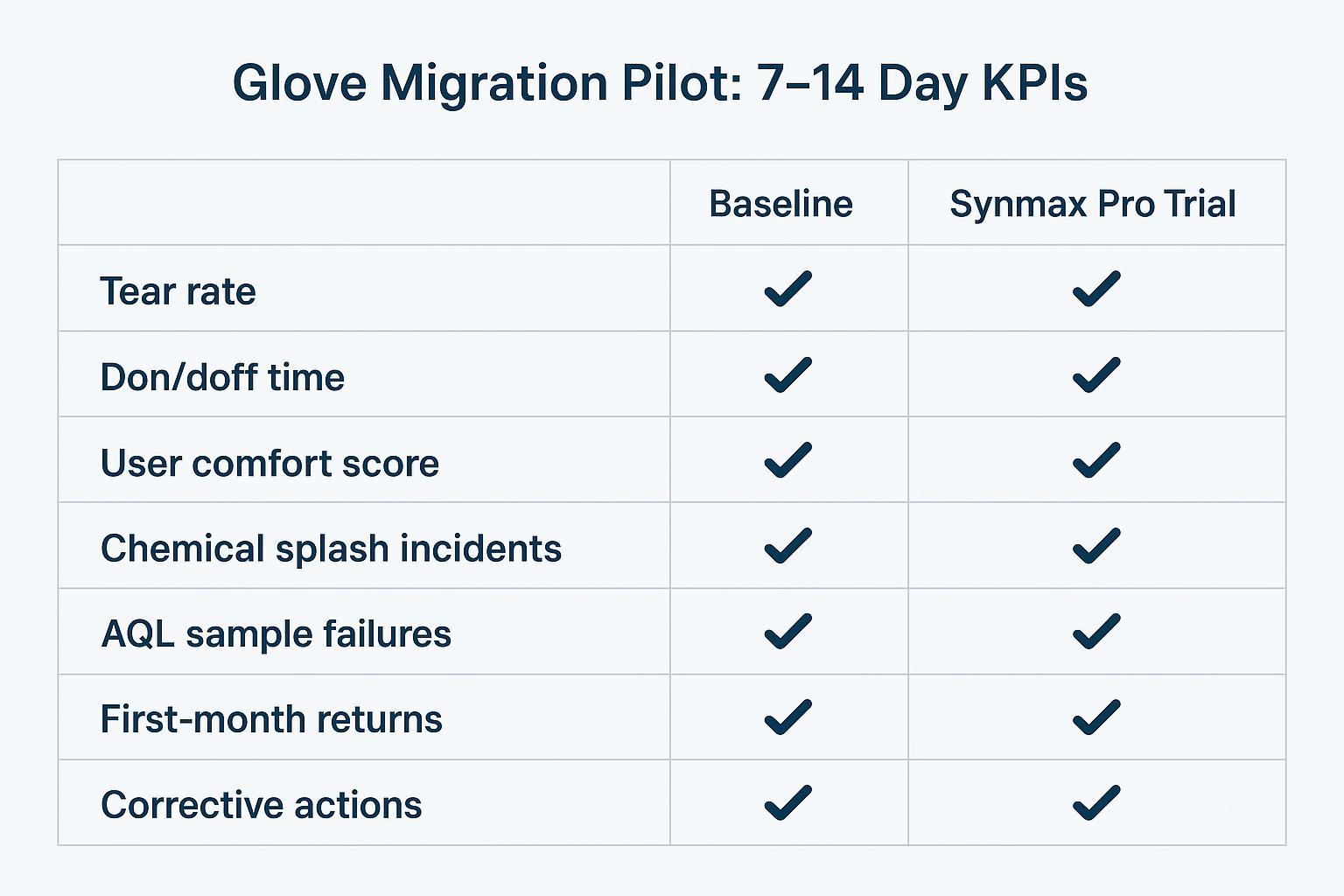 Checklist visual for a 7–14 day glove migration pilot KPIs