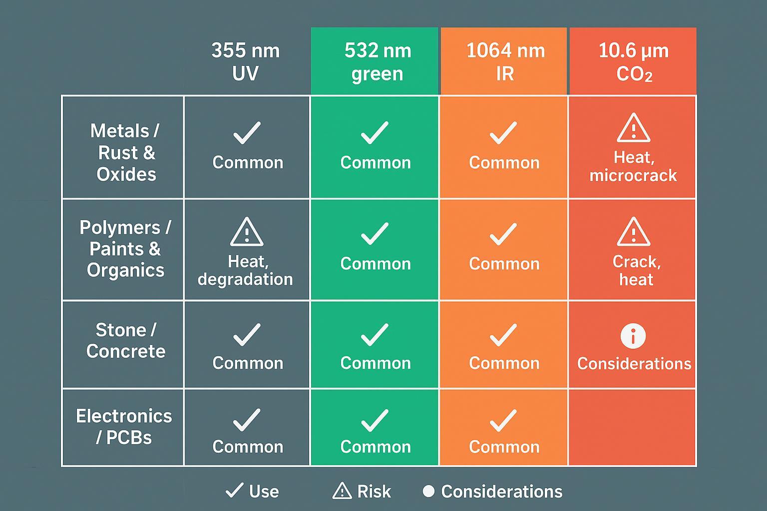 Infographic matrix mapping 355 nm, 532 nm, 1064 nm, and 10.6 µm to metals/rust, polymers/paints, stone/concrete, and electronics with selectivity notes