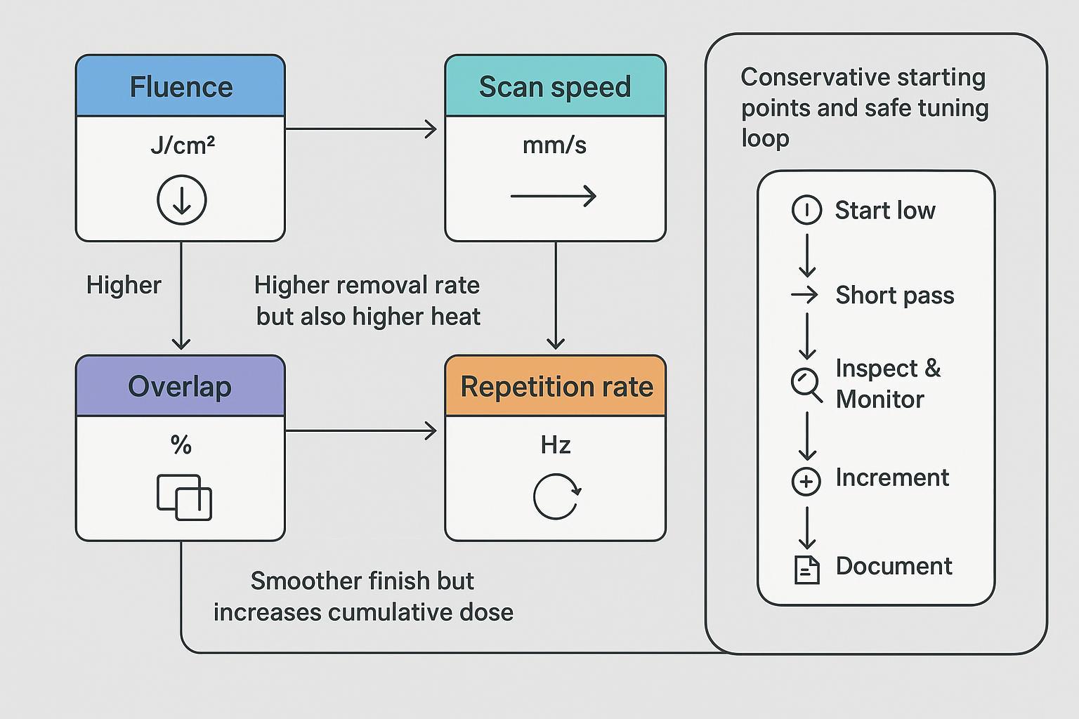 Diagram linking fluence, scan speed, overlap, and repetition rate with heat input and cleaning rate across wavelengths