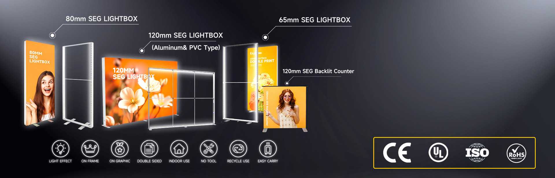 the EXPOMAX 120mm SEG lightbox frame assembled as a freestanding backlit backwall, with the SEG fabric graphic seated in the channel and the LED glow