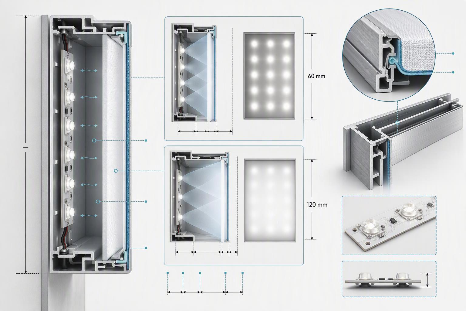 a side-view cutaway of a backlit SEG lightbox showing the LED array, the air gap between LEDs and the diffuser, the diffuser-to-graphic distance, and