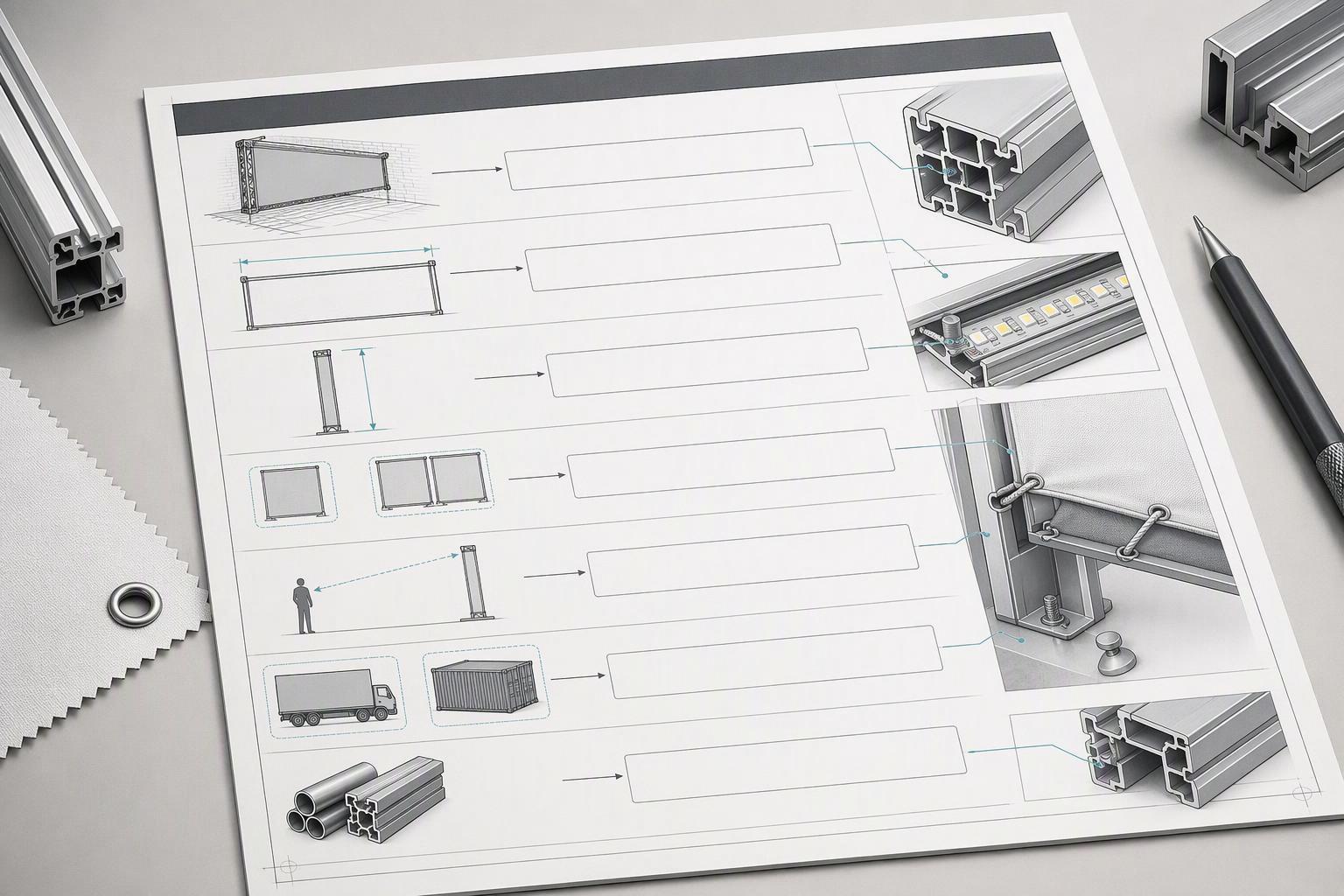 a one-page specification input sheet with fields for mounting condition, span width and height, single- or double-sided, viewing distance, transport m