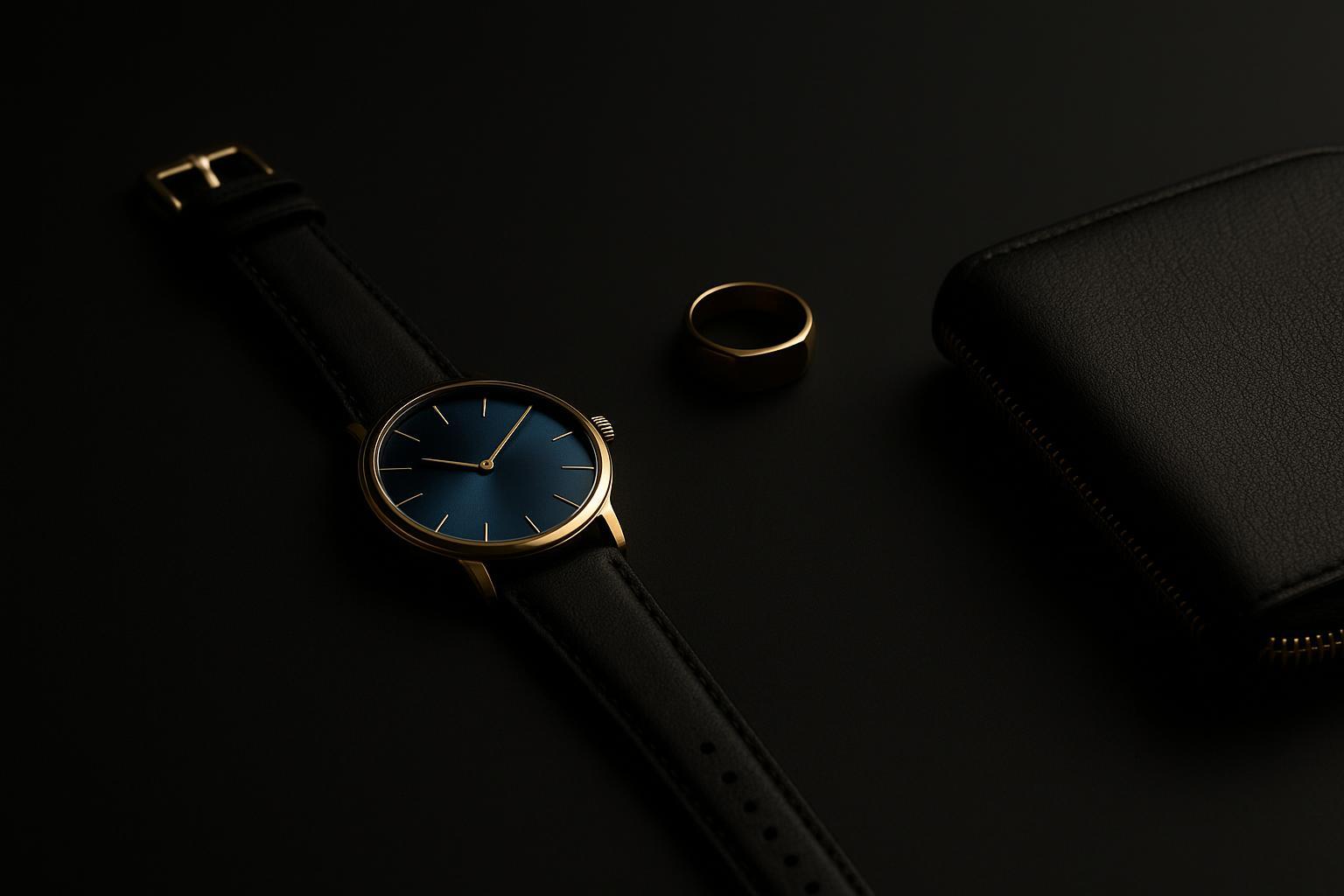 Luxury still life cover image for unique father's day gifts: sapphire crystal, leather detail, and a discreet ring silhouette.