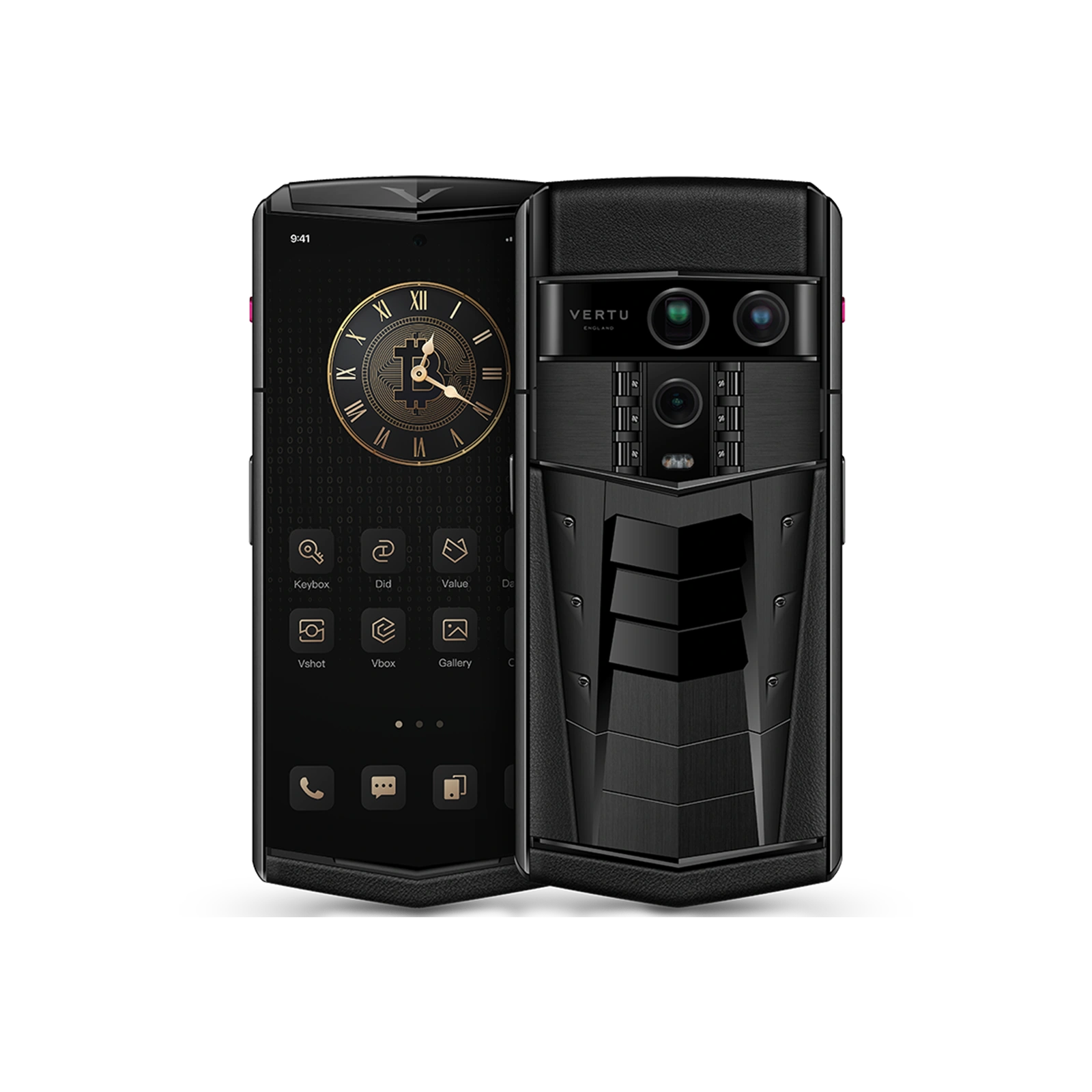 Quiet-luxury cover image for a Vertu phone price guide with a premium flip-phone silhouette, sapphire-like highlights, titanium texture, and leather detail.