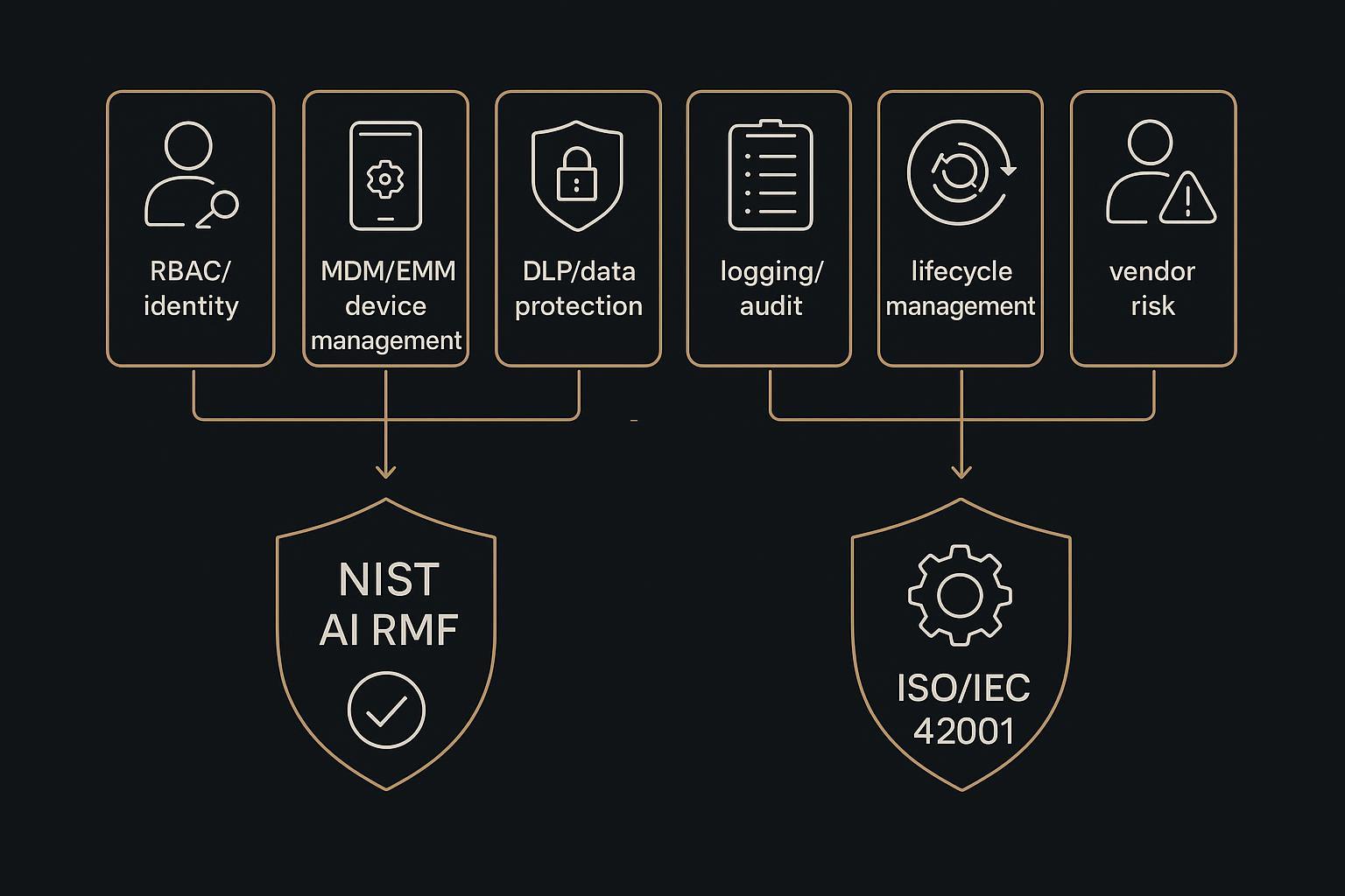 An executive-ready governance blueprint mapping RBAC, MDM/EMM, DLP, logging, lifecycle, and vendor risk to NIST AI RMF and ISO/IEC 42001.
