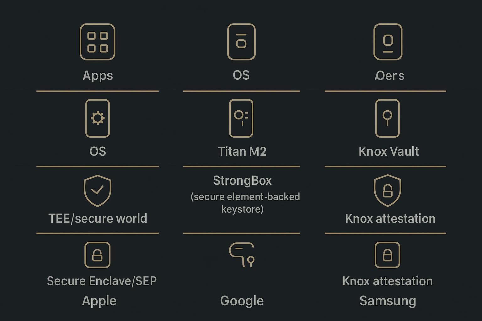 Architecture comparison infographic contrasting Apple SEP, Google Titan M2/StrongBox, and Samsung Knox Vault stacks