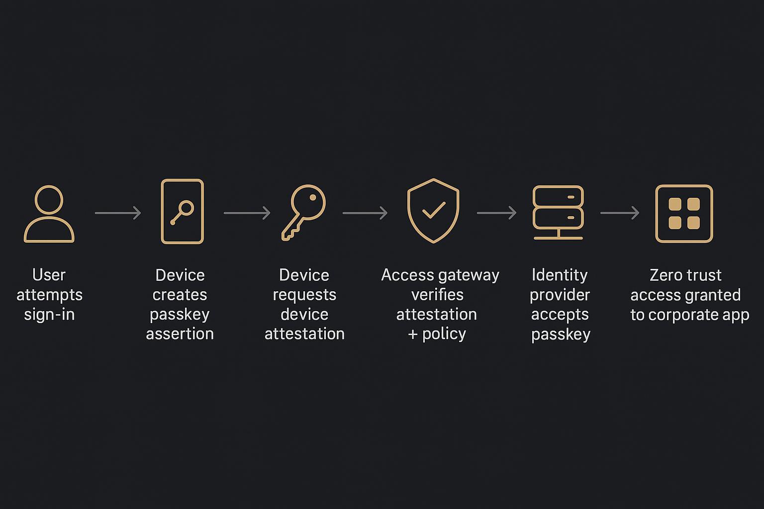 Process flow diagram showing attestation gating access and passkeys bound to secure hardware