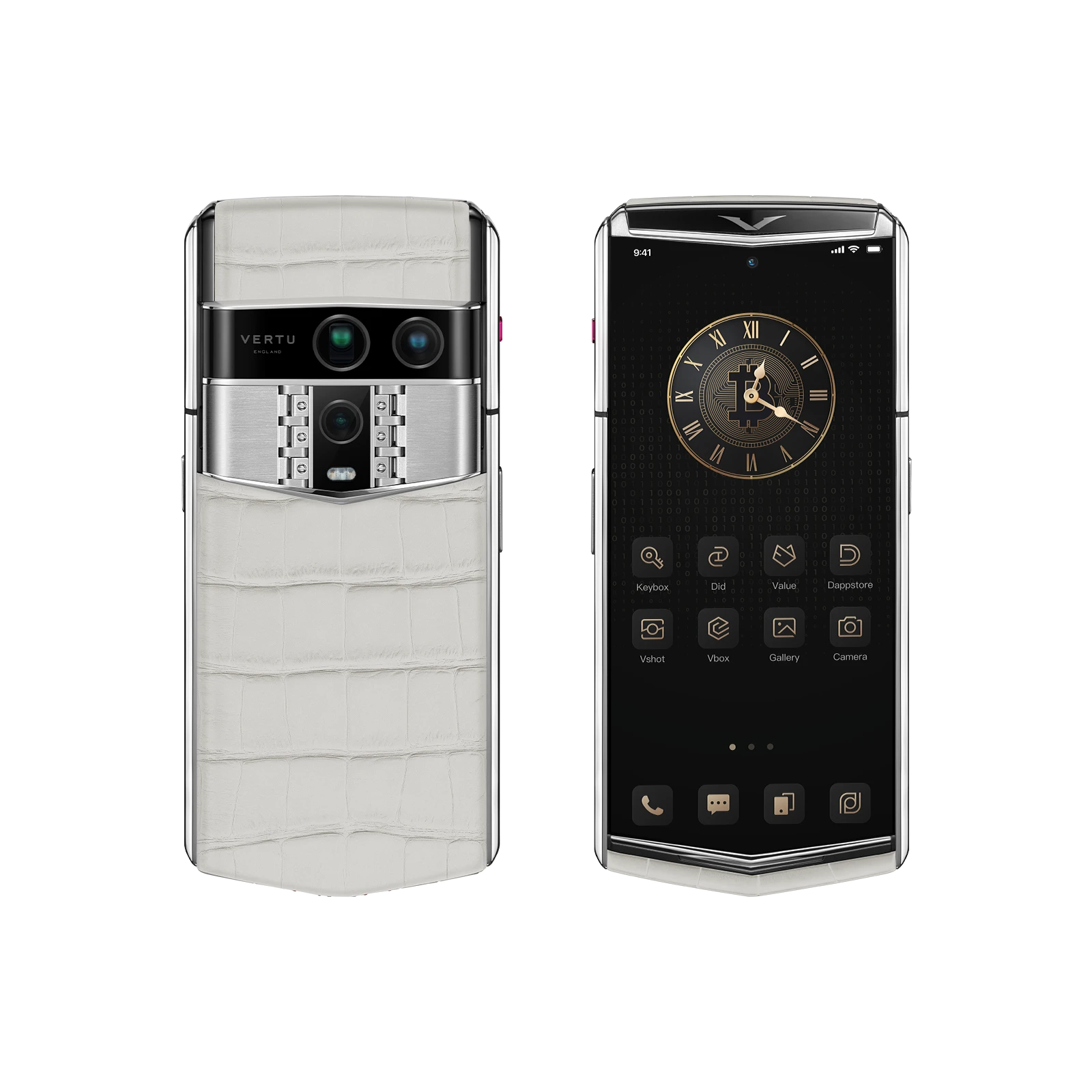 Vertu phone review cover image with a quiet-luxury flip-phone silhouette, leather texture, and sapphire-like highlights.