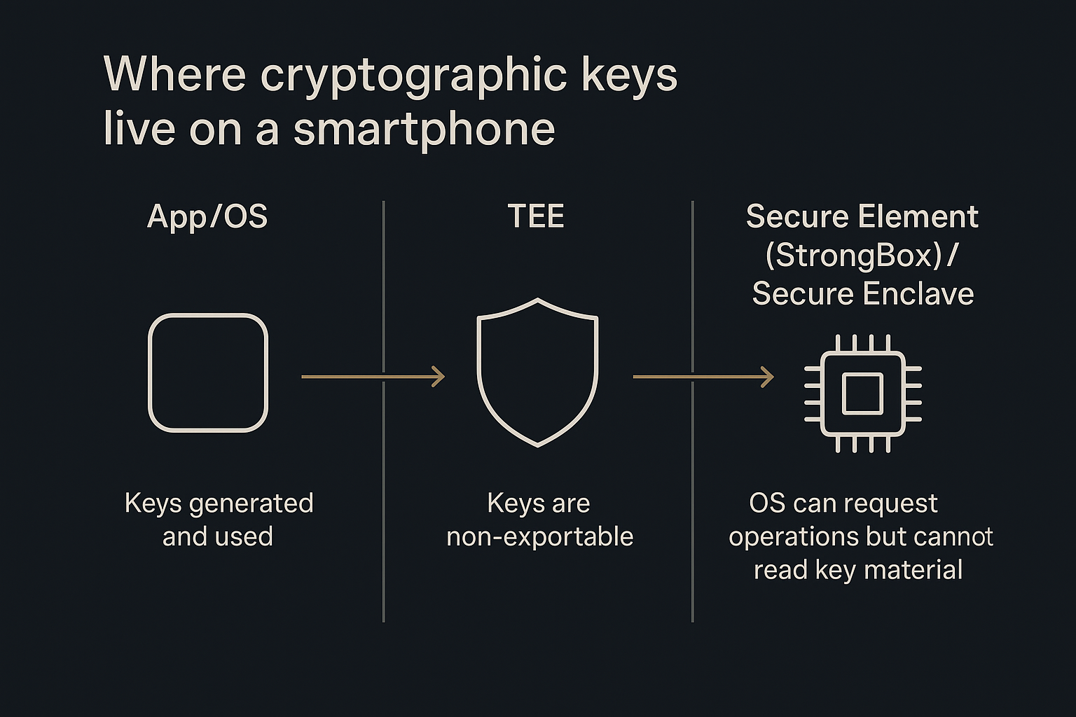 Diagram showing where cryptographic keys live: App/OS vs TEE vs Secure Element/StrongBox or Secure Enclave