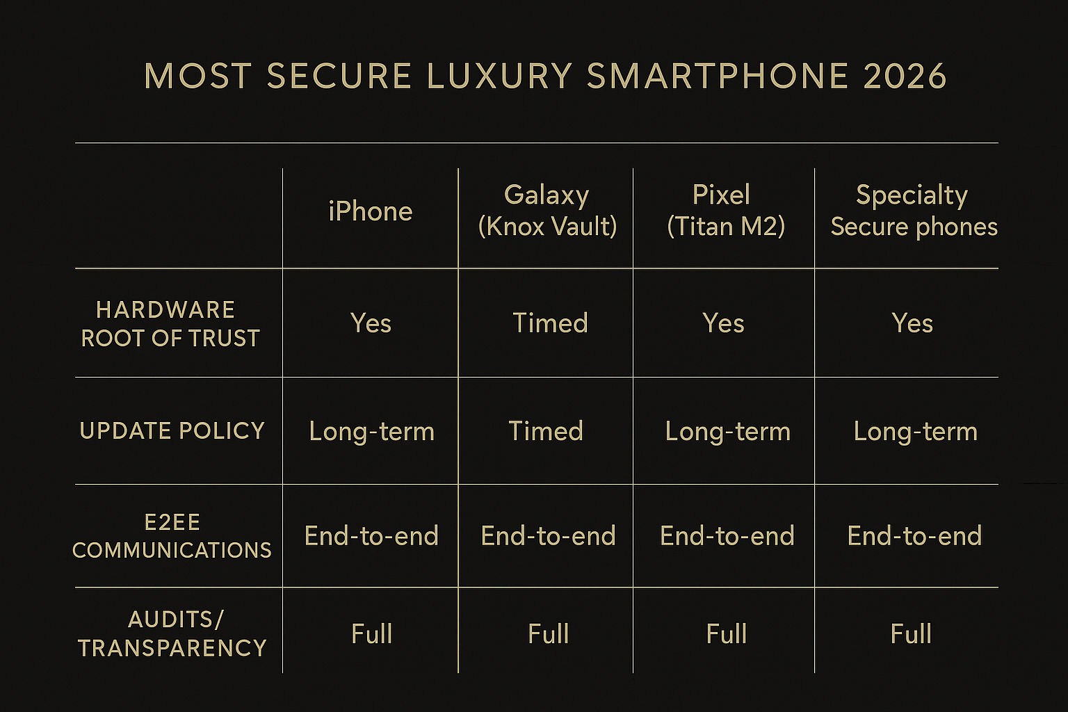 Infographic comparison matrix of iPhone vs Galaxy vs Pixel vs specialty secure phones